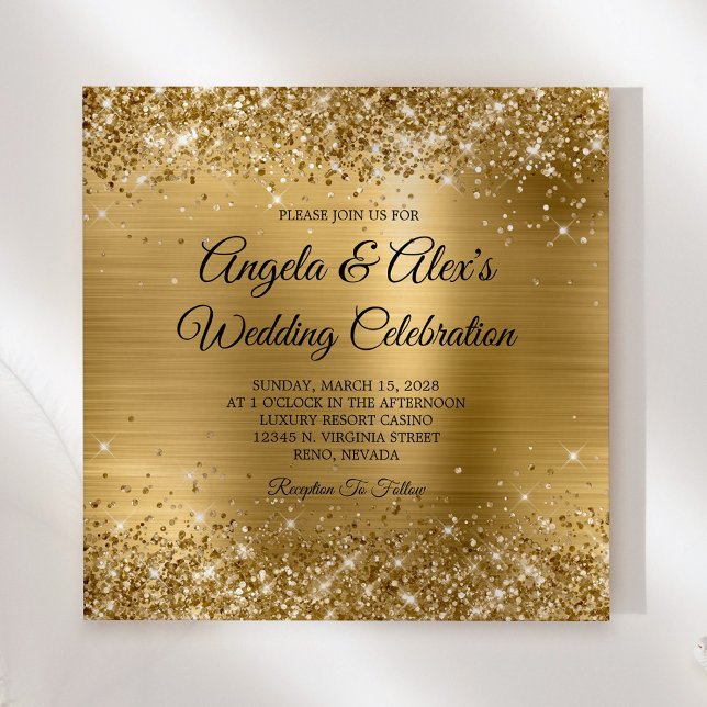 Glittery Gold Foil Elegant Wedding Invitation (Square Invite)