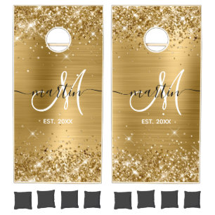 Glittery Gold Foil Family Monogram Cornhole Set