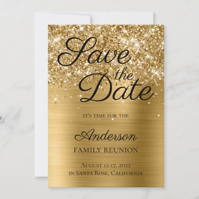 Glittery Gold Foil Family Reunion Save The Date (Front)