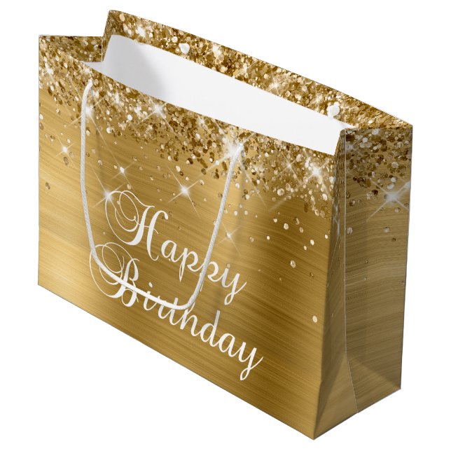 Glittery Gold Foil Fancy Happy Birthday Large Gift Bag (Front Angled)
