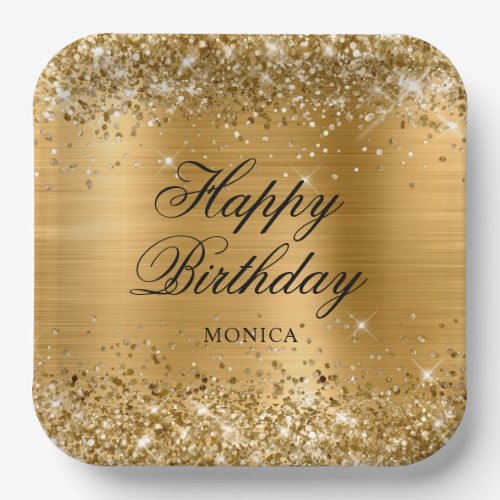 Glittery Gold Foil Fancy Happy Birthday Paper Plates
