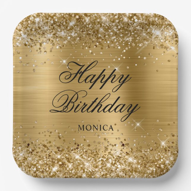 Glittery Gold Foil Fancy Happy Birthday Paper Plates (Front)