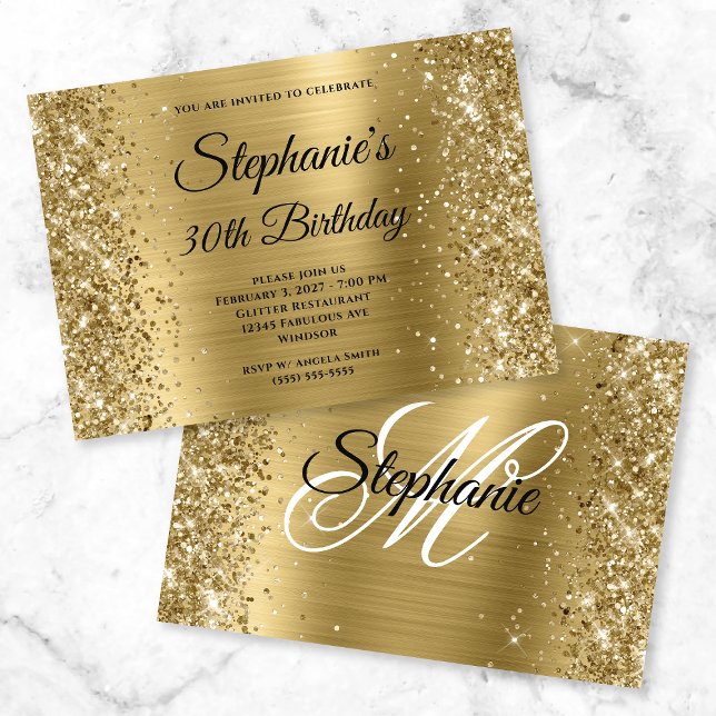 Glittery Gold Foil Fancy Monogram 30th Birthday Invitation (Creator Uploaded)