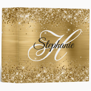 Glittery Gold Foil Fancy Monogram 3 Ring Binder