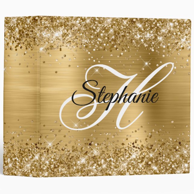 Glittery Gold Foil Fancy Monogram 3 Ring Binder (Front/Spine)