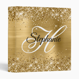Glittery Gold Foil Fancy Monogram 3 Ring Binder
