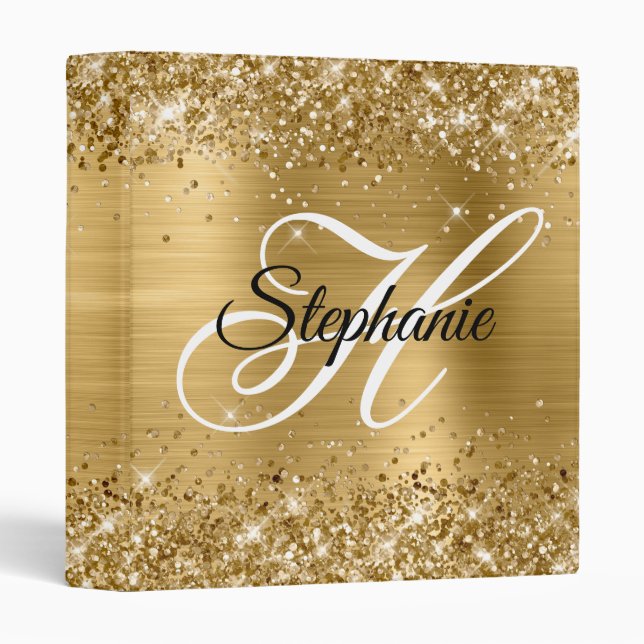 Glittery Gold Foil Fancy Monogram 3 Ring Binder (Front/Spine)