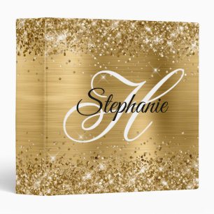 Glittery Gold Foil Fancy Monogram 3 Ring Binder