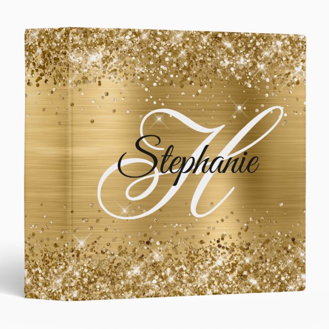 Glittery Gold Foil Fancy Monogram 3 Ring Binder (Front/Spine)