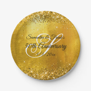 Glittery Gold Foil Fancy Monogram 50th Anniversary Paper Plates