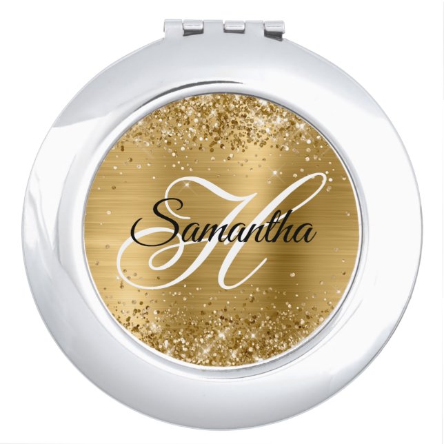 Glittery Gold Foil Fancy Monogram Compact Mirror (Front)