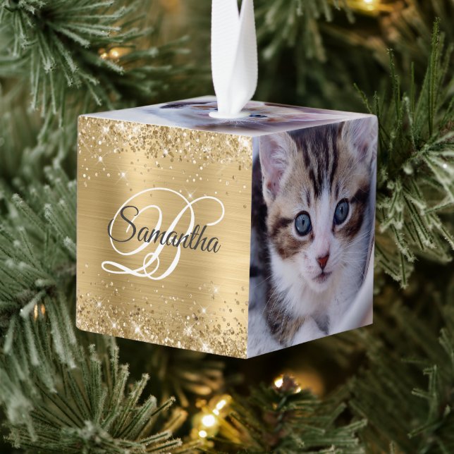 Glittery Gold Foil Fancy Monogram Cube Ornament (Tree)