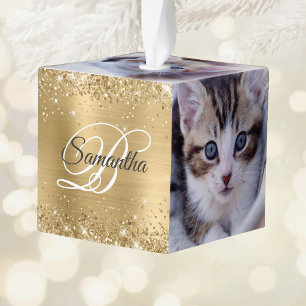 Glittery Gold Foil Fancy Monogram Cube Ornament