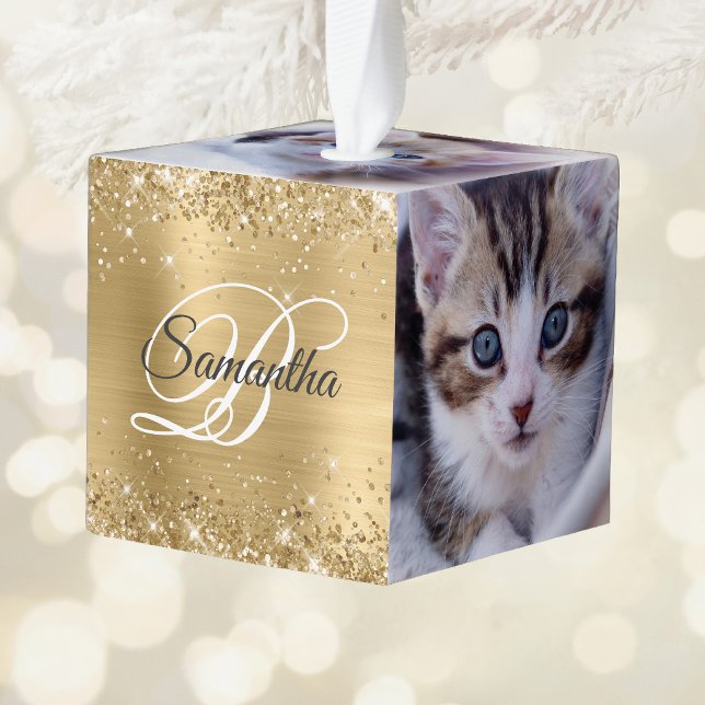 Glittery Gold Foil Fancy Monogram Cube Ornament (Glittery Gold Foil Fancy Monogram Cube Ornament)