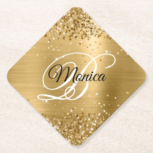 Glittery Gold Foil Fancy Monogram Diamond Paper Coaster