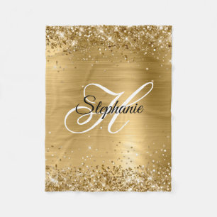 Glittery Gold Foil Fancy Monogram Fleece Blanket