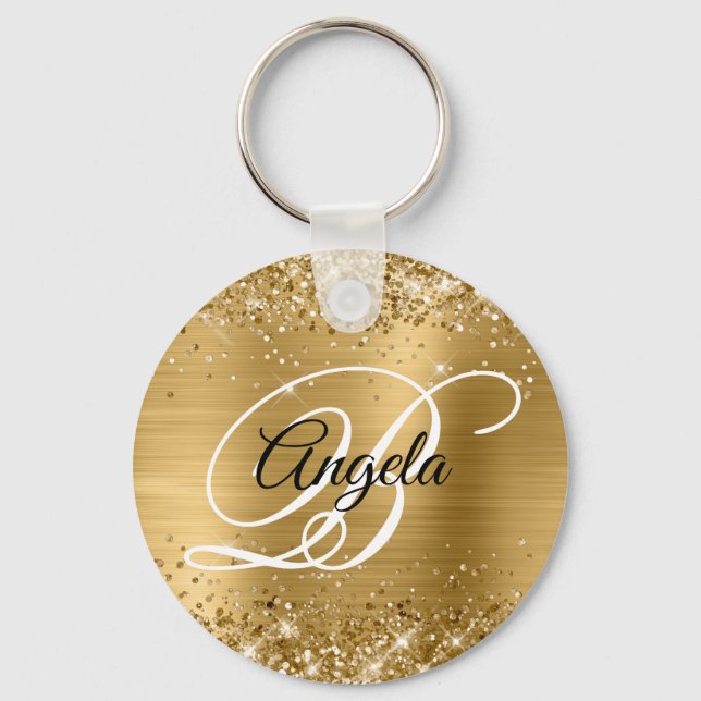 Glittery Gold Foil Fancy Monogram Keychain (Front)