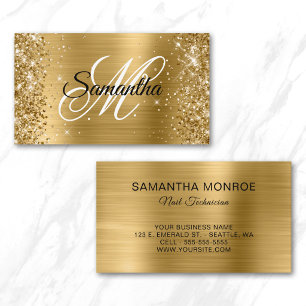 Glittery Gold Foil Fancy Monogram Nail Technician Business Card