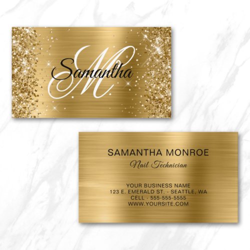Glittery Gold Foil Fancy Monogram Nail Technician Business Card
