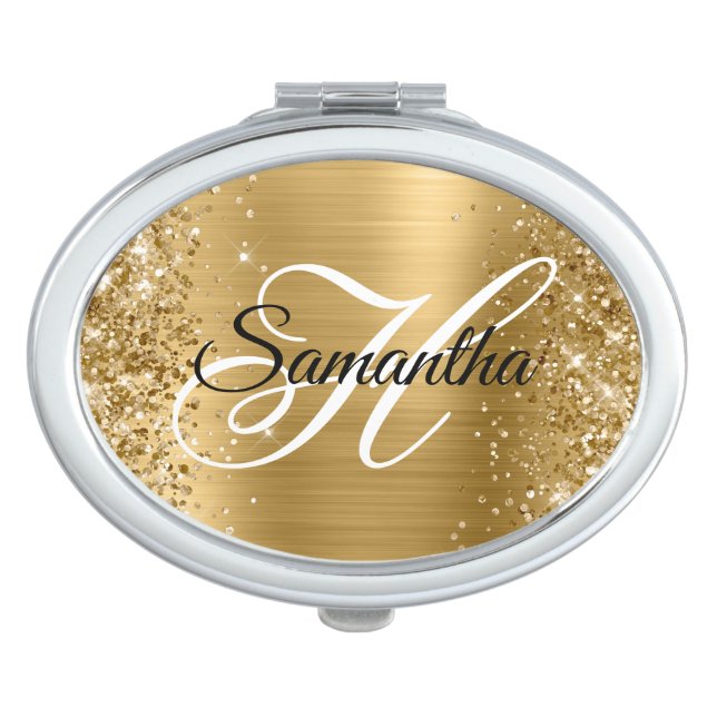 Glittery Gold Foil Fancy Monogram Oval Compact Mirror (Front)