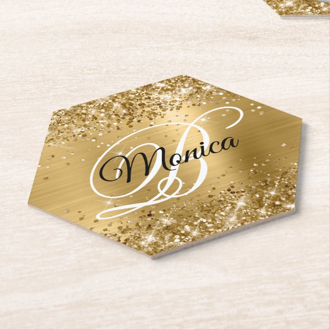 Glittery Gold Foil Fancy Monogram Paper Coaster (Angled)