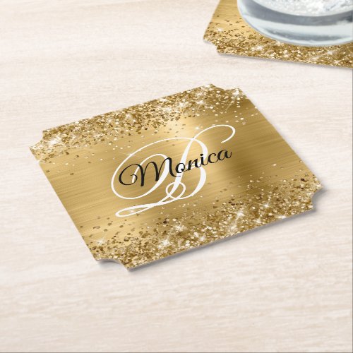 Glittery Gold Foil Fancy Monogram Paper Coaster