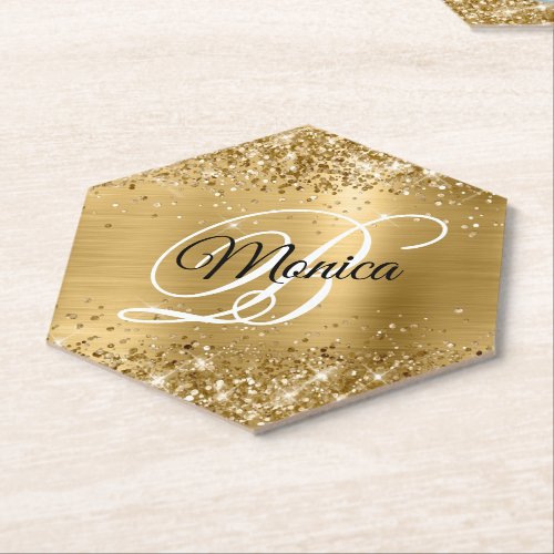 Glittery Gold Foil Fancy Monogram Pointed Paper Coaster