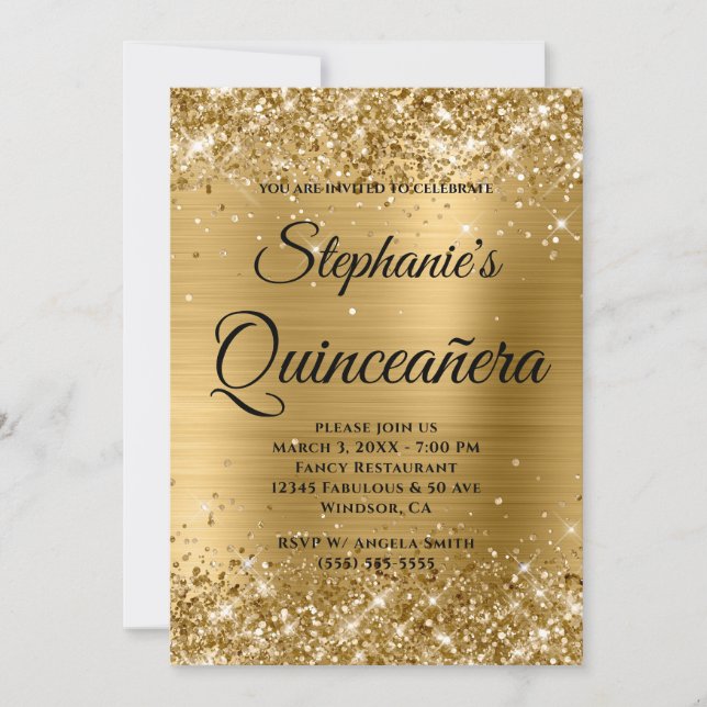 Glittery Gold Foil Fancy Monogram Quinceañera Invitation (Front)