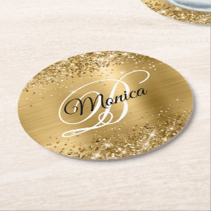 Glittery Gold Foil Fancy Monogram Round Paper Coaster