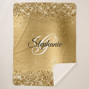 Glittery Gold Foil Fancy Monogram Sherpa Blanket