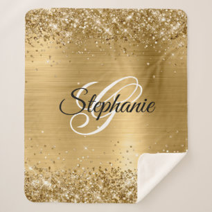 Glittery Gold Foil Fancy Monogram Sherpa Blanket