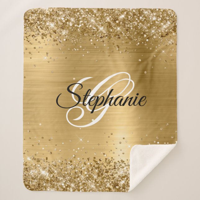 Glittery Gold Foil Fancy Monogram Sherpa Blanket (Front)