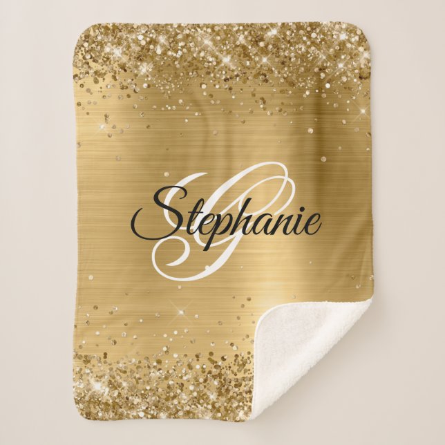 Glittery Gold Foil Fancy Monogram Sherpa Blanket (Front)