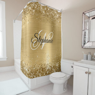 Glittery Gold Foil Fancy Monogram Shower Curtain