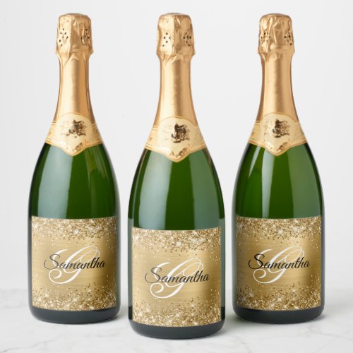 Glittery Gold Foil Fancy Monogram Sparkling Wine Label