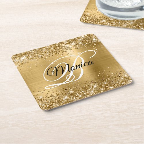 Glittery Gold Foil Fancy Monogram Square Paper Coaster