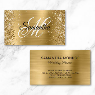 Glittery Gold Foil Fancy Monogram Wedding Planner Business Card