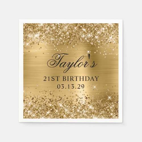 Glittery Gold Foil Fancy Name 21st Birthday Napkins