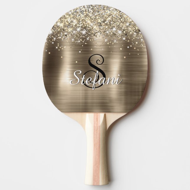 Glittery Gold Foil Faux Glitter Monogram Ping Pong Paddle (Front)