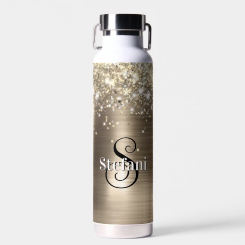 Glittery Gold Foil Faux Glitter Monogram Water Bottle