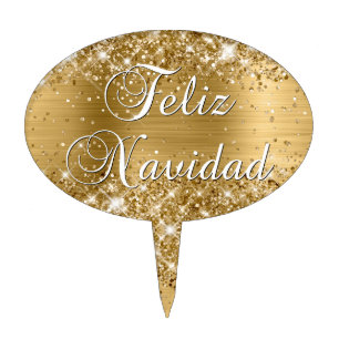 Glittery Gold Foil Feliz Navidad Cake Topper