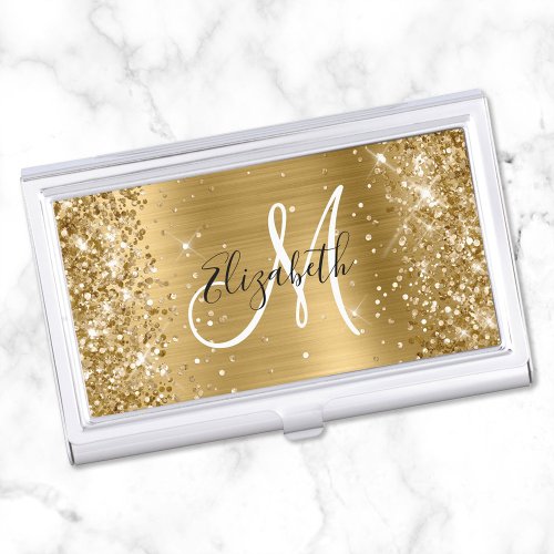 Glittery Gold Foil Girly Monogram Business Card Case
