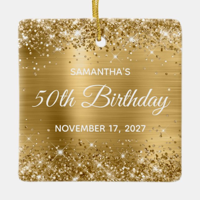 Glittery Gold Foil Glam 50th Birthday Ceramic Ornament (Front)