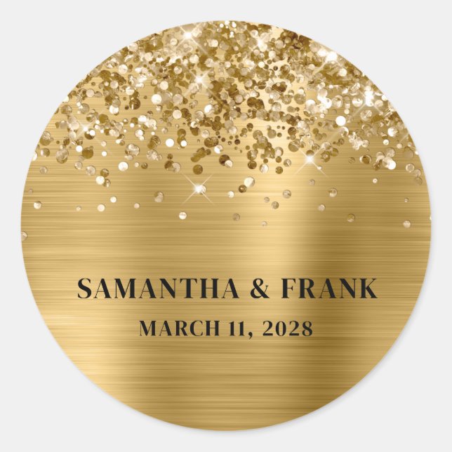 Glittery Gold Foil Glam Wedding Classic Round Sticker (Front)