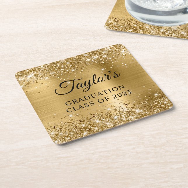 Glittery Gold Foil Graduation Square Paper Coaster (Angled)
