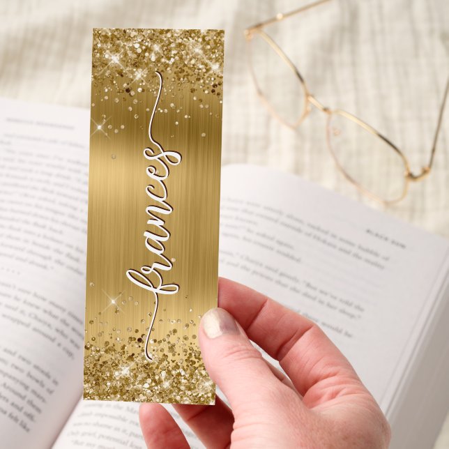 Glittery Gold Foil Handwritten Script Name Bookmarks (Hand)