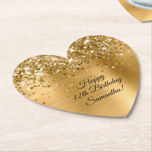 Glittery Gold Foil Happy 12th Birthday Paper Coaster