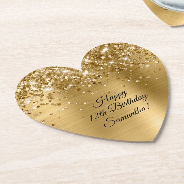 Glittery Gold Foil Happy 12th Birthday Paper Coaster (Angled)