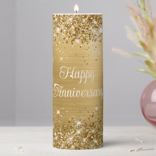 Glittery Gold Foil Happy Anniversary Pillar Candle (In Situ)