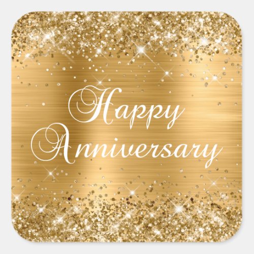 Glittery Gold Foil Happy Anniversary Square Sticker